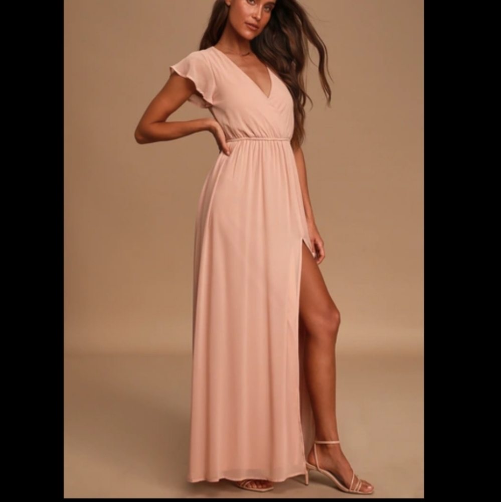 Lulu's Blush Pink Maxi Dress with Flutter Sleeve & Side Slit